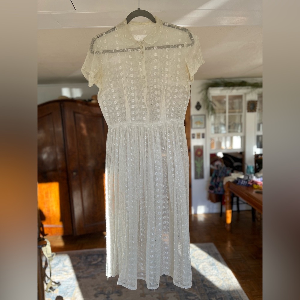 Vintage 50s Sheer Eyelet Midi Tea Dress Retro Wedding white S/M